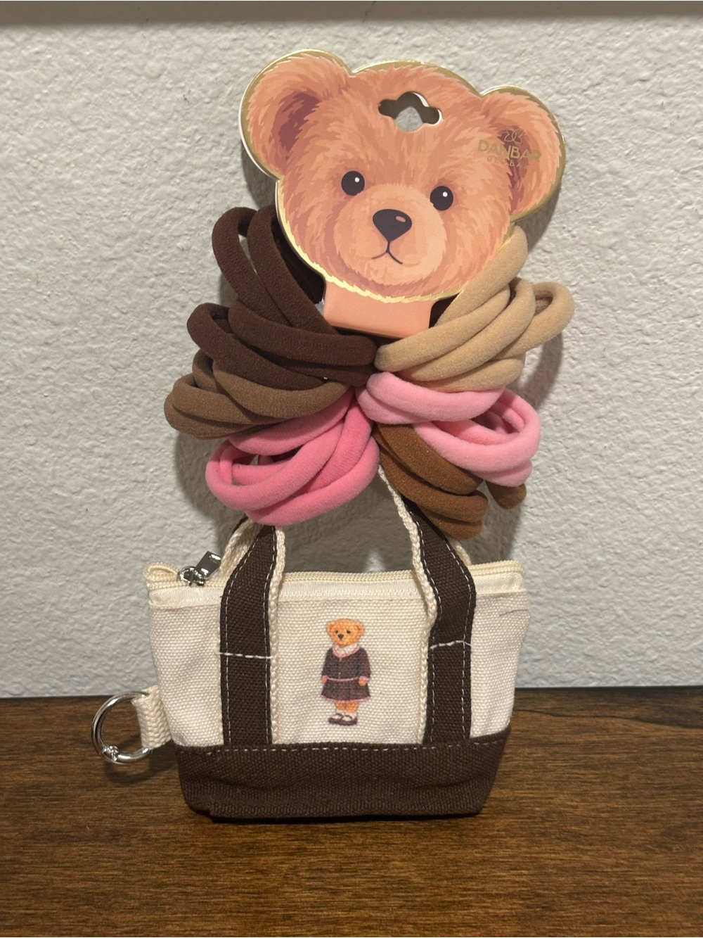 Kids Plush Bear Hair Tie Set with Mini Canvas Tote - Brown, Pink, Tan - Picture 7 of 7